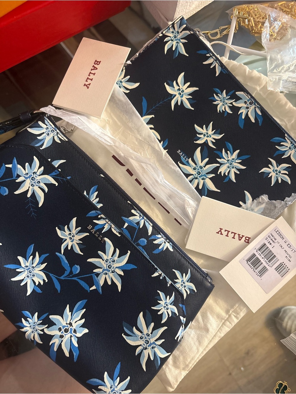 Bally Navy Blue Floral Zip Pouches clutch 2pc set
